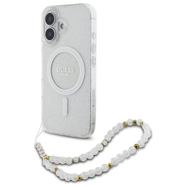 Guess GUHMP16SHGCRELST iPhone 166.1&quot; przeźroczysty/transparent hardcase IML Glitter With Pearl Strap MagSafe