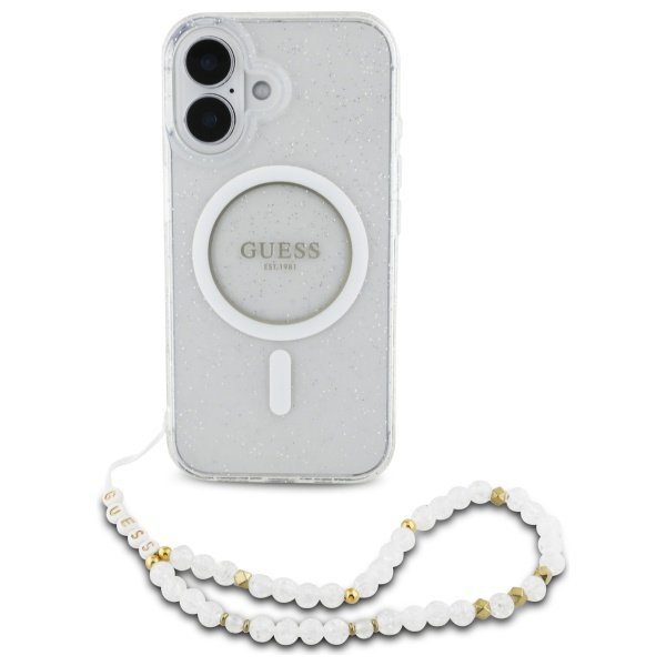 Guess GUHMP16MHGCRELST iPhone 16 Plus6.7&quot; przeźroczysty/transparent hardcase IML Glitter With Pearl Strap MagSafe