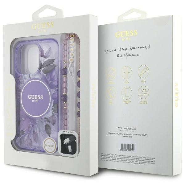 Guess GUHMP16XHFWBRCESU iPhone 16 ProMax 6.9&quot; fioletowy/purple hardcase IML Flowers With Pearl Strap MagSafe