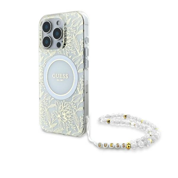 Guess GUHMP16LHCPOFPH iPhone 16 Pro 6.3&quot; biały/white hardcase IML Flowers Allover Electro With Pearl Strap MagSafe