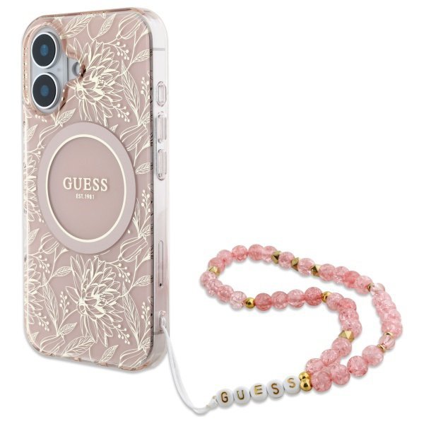 Guess GUHMP16SHCPOFPP iPhone 16 6.1&quot; różowy/pink hardcase IML Flowers Allover Electro With Pearl Strap MagSafe