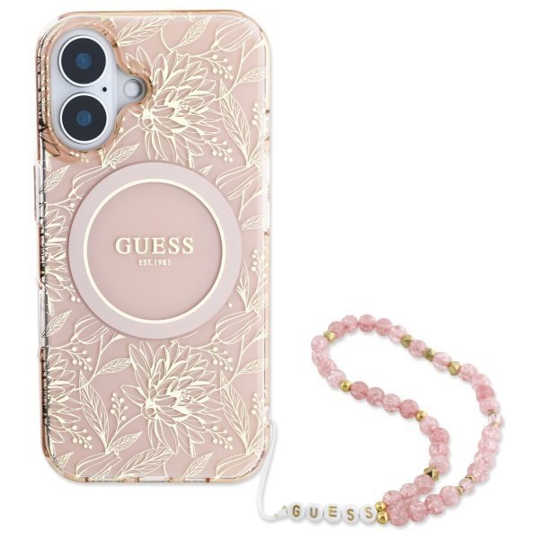 Guess GUHMP16SHCPOFPP iPhone 16 6.1&quot; różowy/pink hardcase IML Flowers Allover Electro With Pearl Strap MagSafe