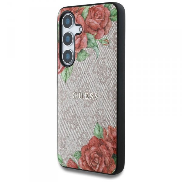 Etui Guess Leather 4G Flowers Print      Metal Classic Logo MagSafe Samsung Galaxy S25 różowy