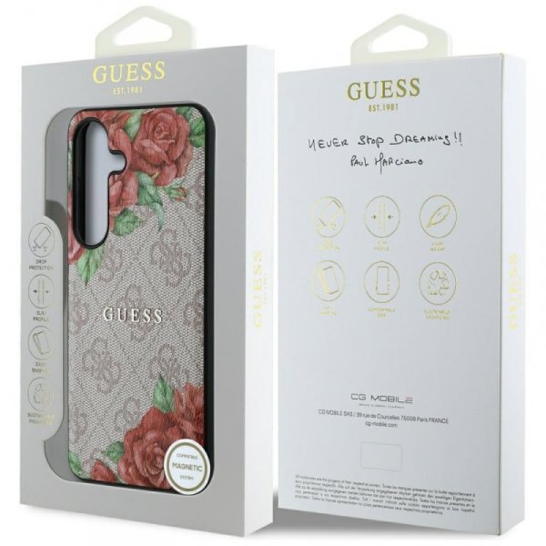Etui Guess Leather 4G Flowers Print      Metal Classic Logo MagSafe Samsung Galaxy S25 różowy