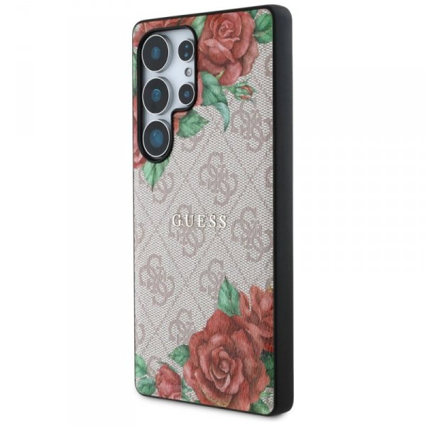 Etui Guess Leather 4G Flowers Print      Metal Classic Logo MagSafe Samsung Galaxy S25 Ultra różowy