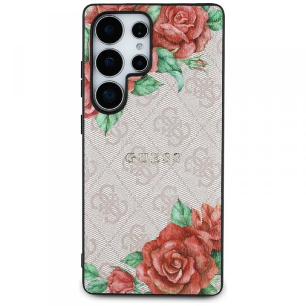 Etui Guess Leather 4G Flowers Print      Metal Classic Logo MagSafe Samsung Galaxy S25 Ultra różowy