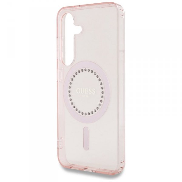 Etui Guess Rhinestones Printed Classic Logo MagSafe Samsung Galaxy S25 różowy