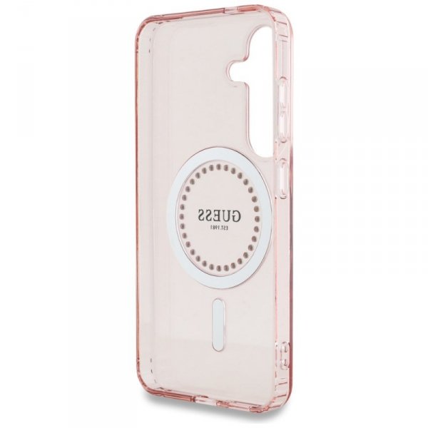 Etui Guess Rhinestones Printed Classic Logo MagSafe Samsung Galaxy S25 różowy