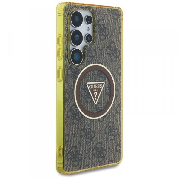 Etui Guess 4G Glitter Triangle Buttons   MagSafe do Samsung Galaxy S25 Ultra brązowy
