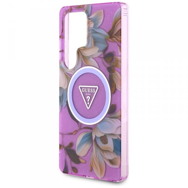 Etui Guess Glitter Flowers Triangle Buttons MagSafe do Samsung Galaxy S25 Ultra fioletowy