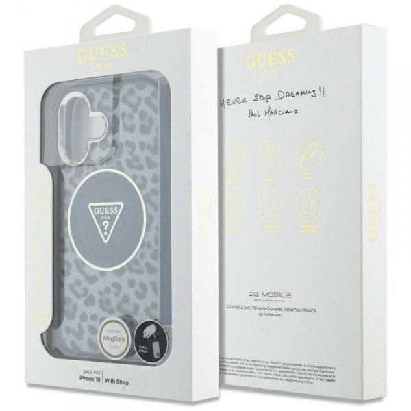 Etui Guess HC IML Leopard Triangle Cord  Strap do iPhone 16 MagSafe czarny