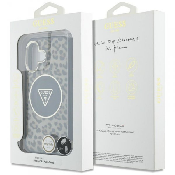 Etui Guess HC IML Leopard Triangle Cord  Strap do iPhone 16 MagSafe brązowy