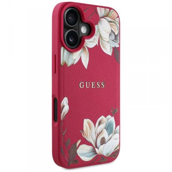Etui Guess Grained Printed Flower        Pattern MagSafe do iPhone 16 fuksja