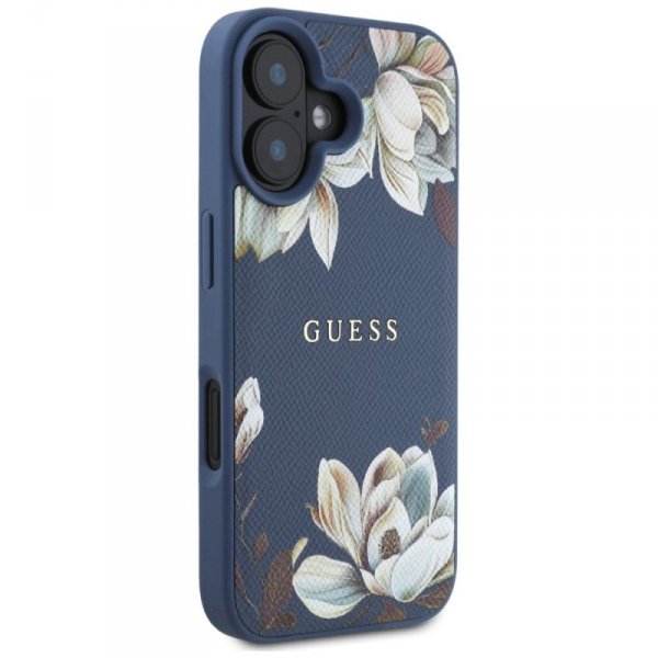 Etui Guess Grained Printed Flower        Pattern MagSafe do iPhone 16 niebieski