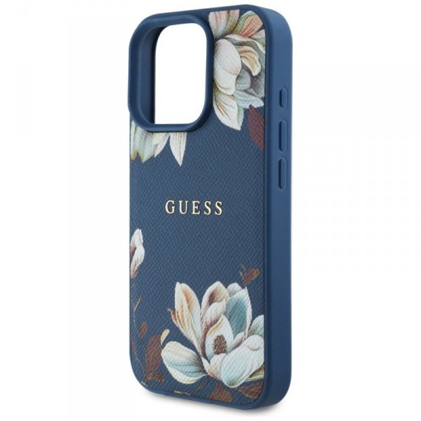 Etui Guess Grained Printed Flower        Pattern MagSafe do iPhone 16 Pro niebieski