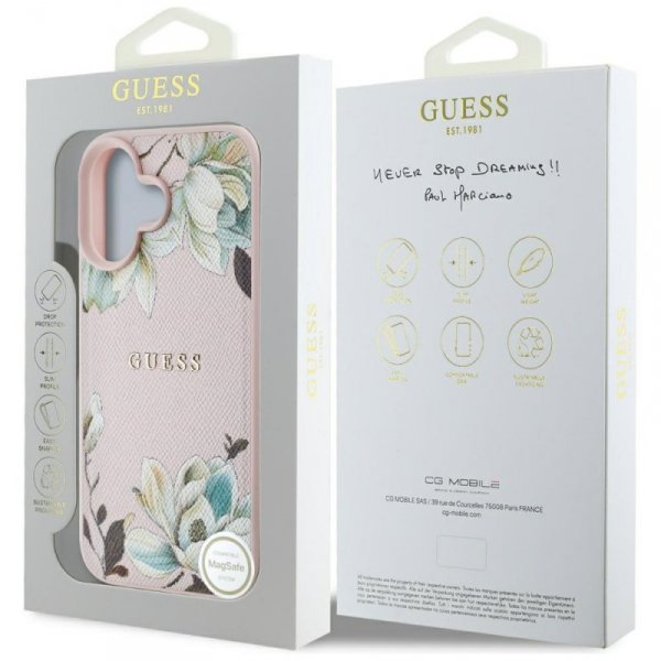 Etui Guess Grained Printed Flower        Pattern MagSafe do iPhone 16 różowy