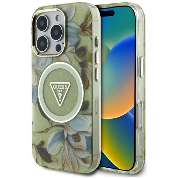 Etui Guess Glitter Flowers Triangle      Buttons MagSafe do iPhone 16 Pro Max zielony