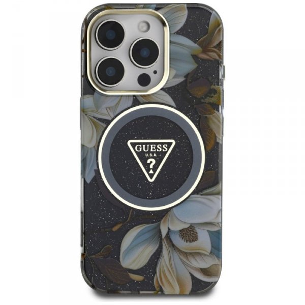 Etui Guess Glitter Flowers Triangle      Buttons MagSafe do iPhone 16 Pro czarny