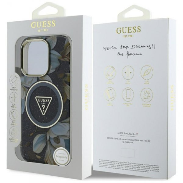 Etui Guess Glitter Flowers Triangle      Buttons MagSafe do iPhone 16 Pro Max czarny
