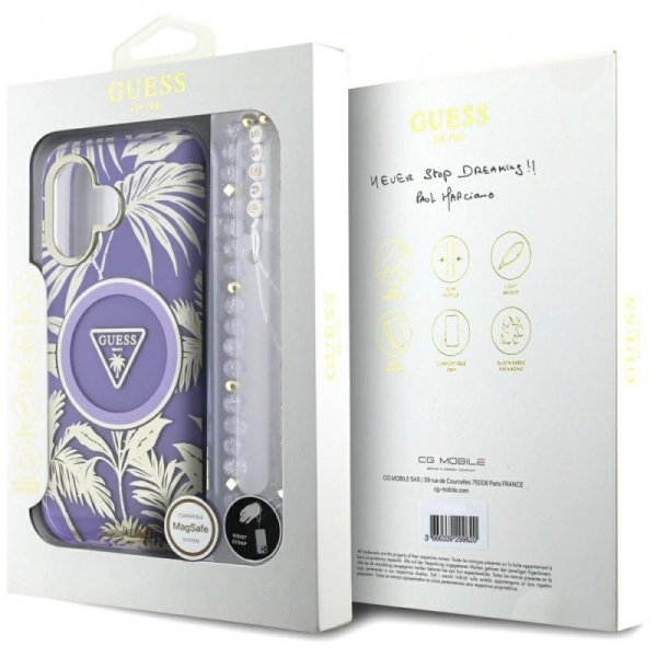 Etui Guess Palm Trees Triangle Pearl     Strap MagSafe do iPhone 16 fioletowy