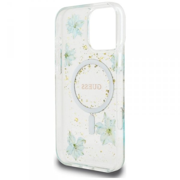 Etui Guess Resin Flowers Glitter MagSafe do iPhone 16 Pro Max turkusowy
