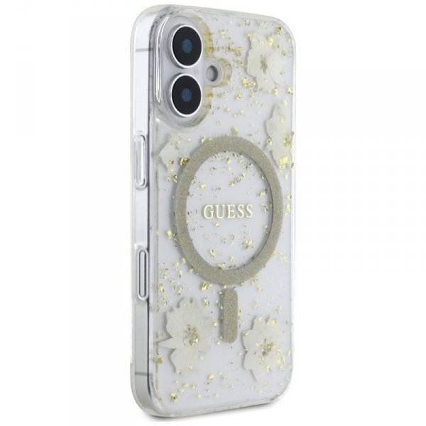 Etui Guess Resin Flowers Glitter MagSafe do iPhone 16 beżowy