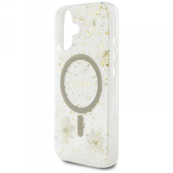 Etui Guess Resin Flowers Glitter MagSafe do iPhone 16 beżowy