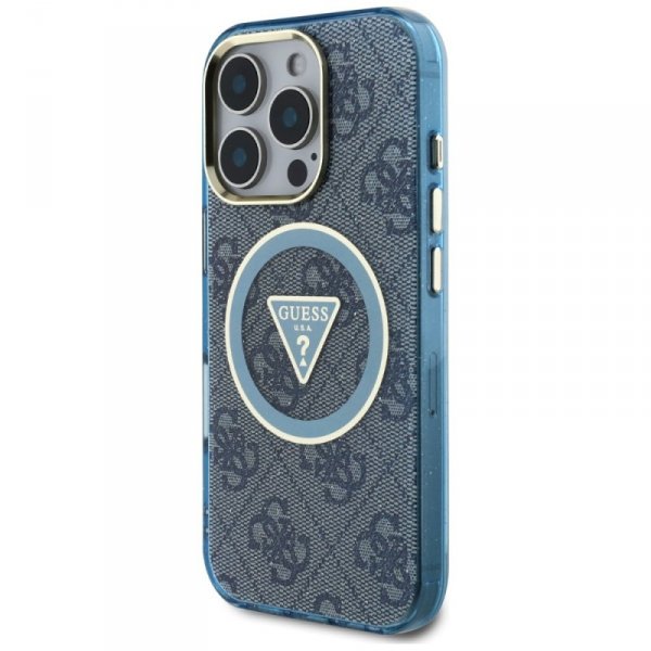Etui Guess IML Metal Glitter 4G Circle   Triangle MagSafe do iPhone 16 Pro Max niebieski
