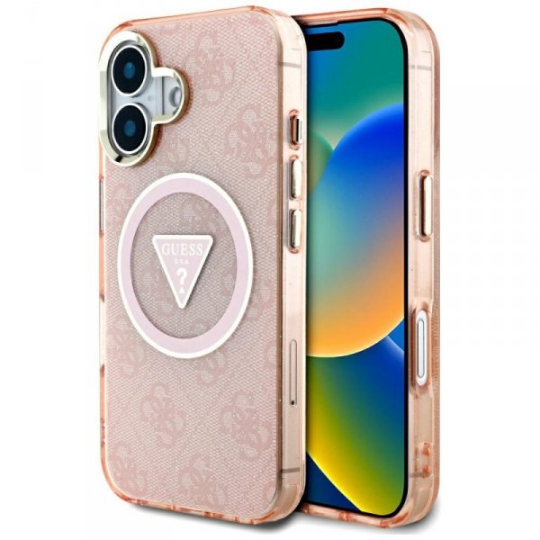 Etui Guess IML Metal Glitter 4G Circle   Triangle MagSafe do iPhone 16 różowy