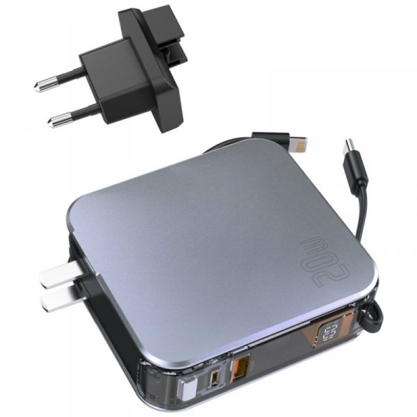 Powerbank 4smarts Lucid 3in1 Hybrid      Charger 10000mAh 20W z wbudowanym kablem USB-C / Lightning srebrny 541287
