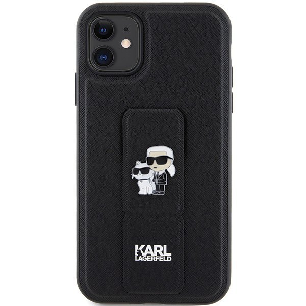 Karl Lagerfeld KLHCN61GSAKCPK iPhone 11 / Xr 6.1&quot; czarny/black hardcase Gripstand Saffiano Karl&Choupette Pins
