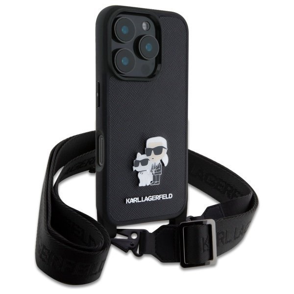 Karl Lagerfeld KLHCP16LSAKCPBK iPhone 16 Pro 6.3&quot; czarny/black hardcase Saffiano Karl&Choupette Metal Pin CBDY Strap