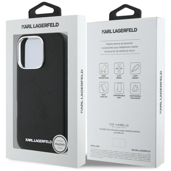 Etui Karl Lagerfeld Saffiano Full        Wrapped Elongated Metal Logo MagSafe do iPhone 16 Pro Max czarny
