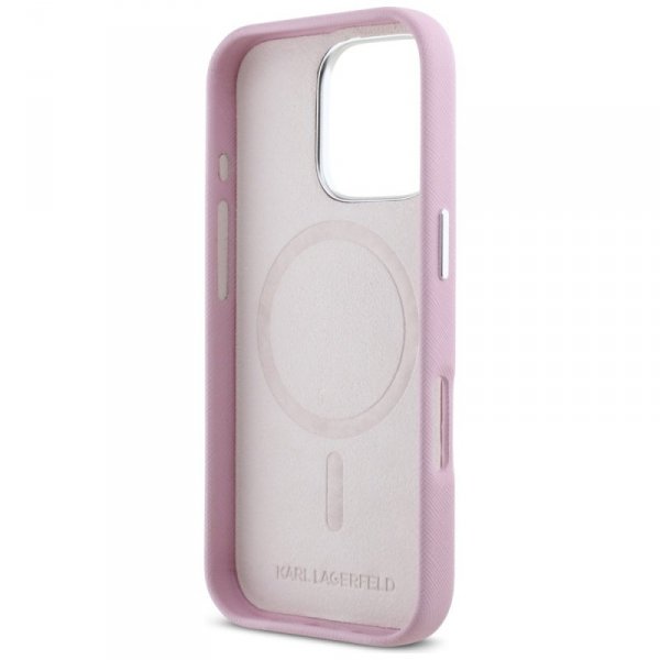 Etui Karl Lagerfeld Saffiano Full        Wrapped Elongated Metal Logo MagSafe do iPhone 16 Pro różowy