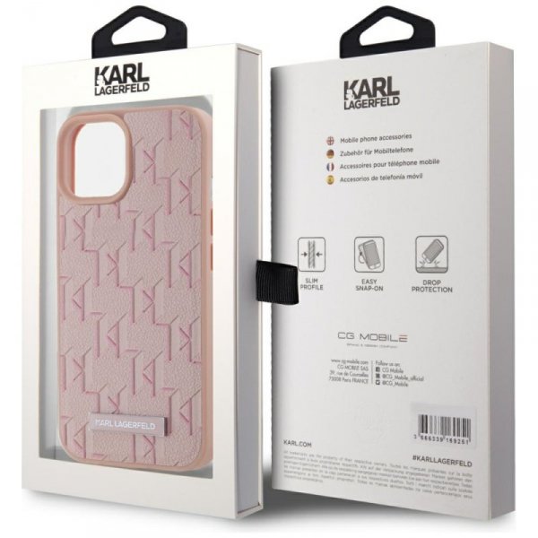 Etui Karl Lagerfeld Leather Monogram     Metal Logo MagSafe do iPhone 15 różowy