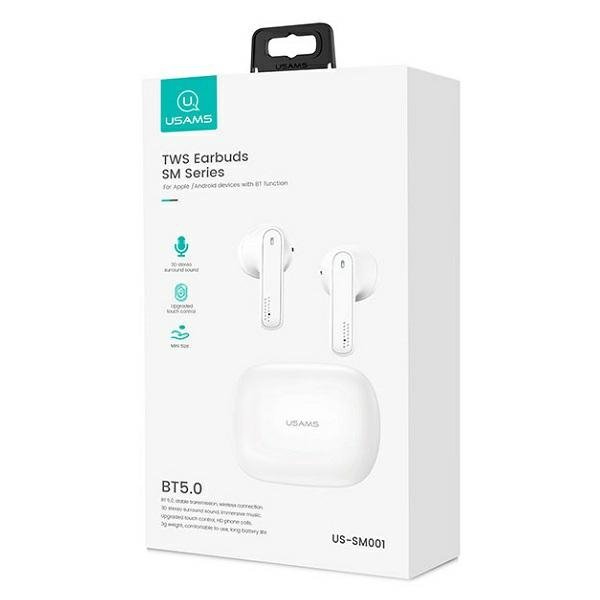 USAMS Słuchawki Bluetooth 5.0 TWS SM series bezprzewodowe biały/white BHUSM01 (US-SM001)