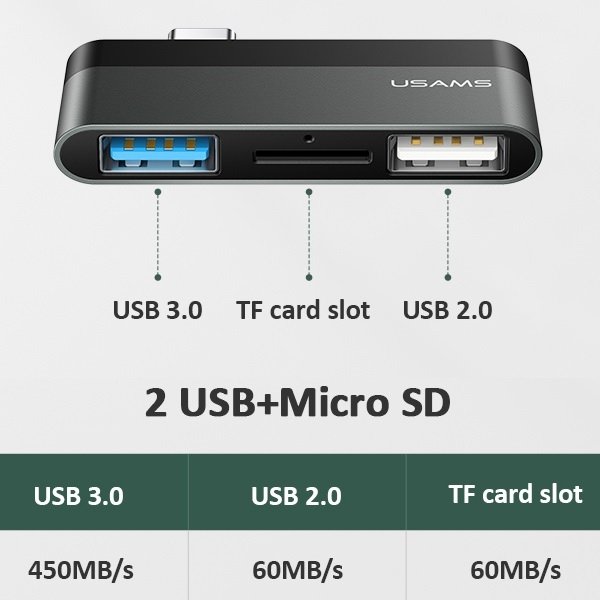USAMS Adapter USB-C Mini HUB 2xUSB +Micro SD szary/grey SJ463HUB01 (US-SJ463)