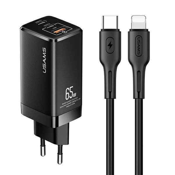 USAMS Ład. siec. MT 2xUSB-C+USB GaN 65W T33 PD + kabel USB-C-Lightning 30W Fast Charging czarny/black MTXLOGTL01