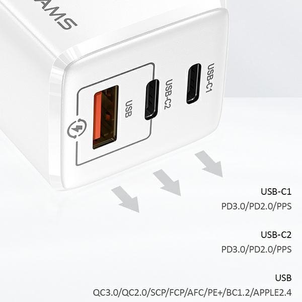 USAMS Ład. siec. MT 2xUSB-C+USB GaN 65W T33 PD (only head) Fast Charging biały/white CC110TC02 (US-CC110)