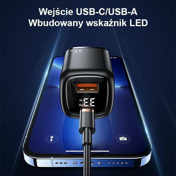 USAMS Ład. siec. 1xUSB-C+1xUSB T46 33W PD3.0 +QC3.0 Fast Charging +kabel U63 USB-C/Lightning czarny/black UDTZ01