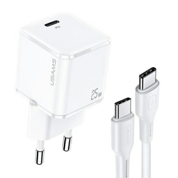 USAMS Ład. siec. 1xUSB-C T42 mini 25WSuper SI PD3.0 Fast Charging +kabel U43 USB-C/USB-C biały/white YJXLOGTC02 (USAMS-YJ)