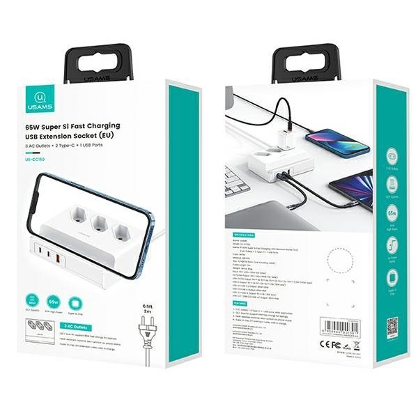 USAMS Listwa zasilająca 65W Super SiFast Charging USB Extension Socket EU biały/white CC160TC01 (US-CC160)