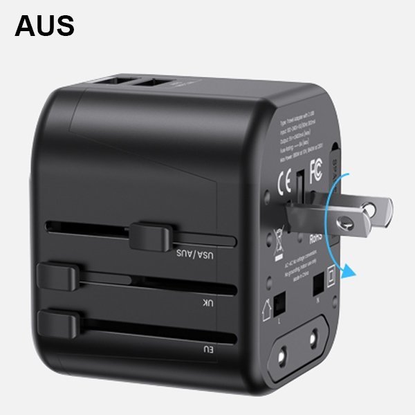 USAMS Adapter siec. 2xUSB T55 12W4w1 US/AU/EU/UK czarny/black CC173TC01 (US-CC173) Univesal Travel Charger