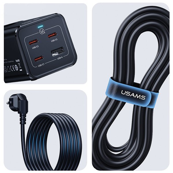 USAMS Listwa zasilająca 67W 3x USB-C + USB Fast Charging Extension Cable EU czarny/black CC225TC01 (US-CC225)