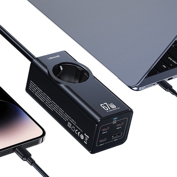 USAMS Listwa zasilająca 67W 3x USB-C +USB Fast Charging Extension Cable EU czarny/black CC225TC01 (US-CC225)