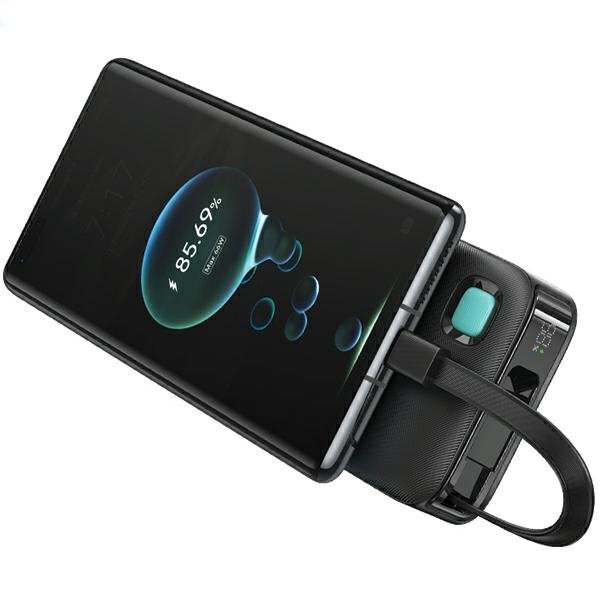 USAMS Powerbank ze zwijanym kablem USB-CRetractable 10000 mAh PD 20W Fast Charge XY Series czarny/black 10KCD22401(US-CD224)