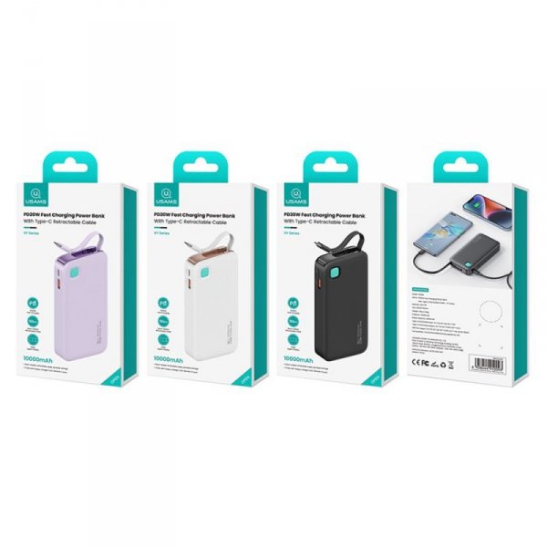 USAMS Powerbank ze zwijanym kablem USB-CRetractable 10000 mAh PD 20W Fast Charge XY Series biały/white 10KCD22402 (US-CD224)
