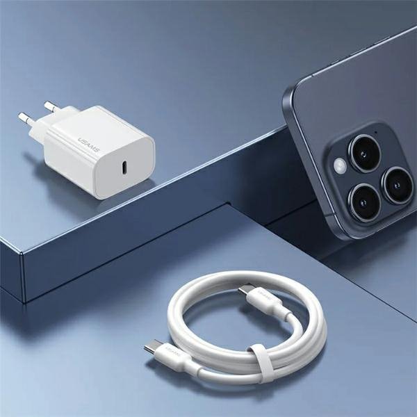 USAMS Ład. siec. 1xUSB-C T65 PD20WPD Fast Charging US-CC226 + kabel USB-C/Lightning US-SJ712 30W biały/white Yi Series OYXLTZ02