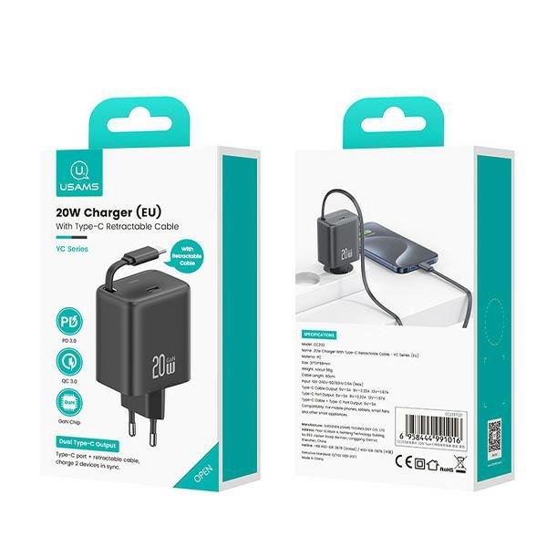 USAMS Ład. siec. 1xUSB-C ze zwijanymkablem USB-C Retractable PD+QC 20W Gan Fast Charging biały/white YC Series CC233TC02 (US-CC2