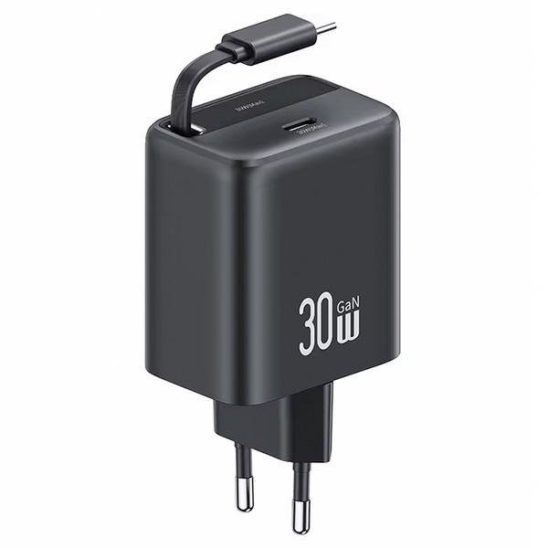 USAMS Ład. siec. 1xUSB-C ze zwijanymkablem USB-C Retractable PD+QC 30W Gan Fast Charging czarny/black YC Series CC241TC01 (US-CC